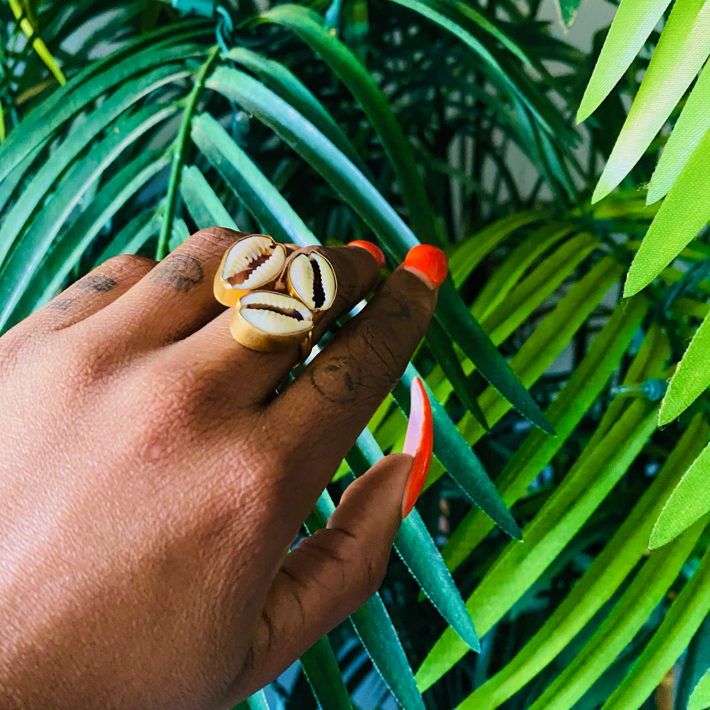 Three Shell Brass Cowrie Ring