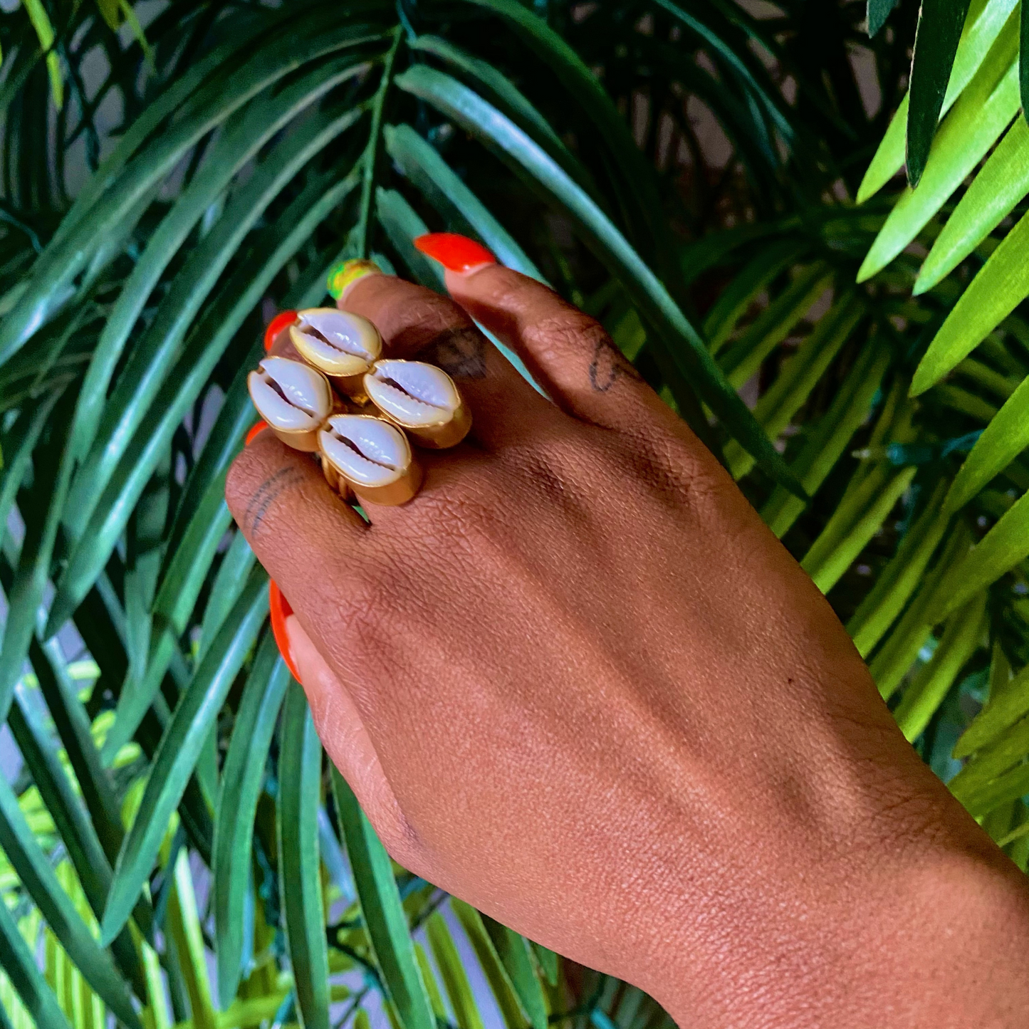 Four Shell Brass Cowrie Ring
